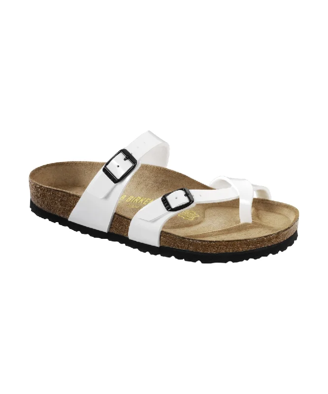 Sustainable Women's Recycled Material Sandals in Beige for Eco - Conscious ShoppersBIRKENSTOCK MAYARI NARROW FIT IN WHITE PATENT