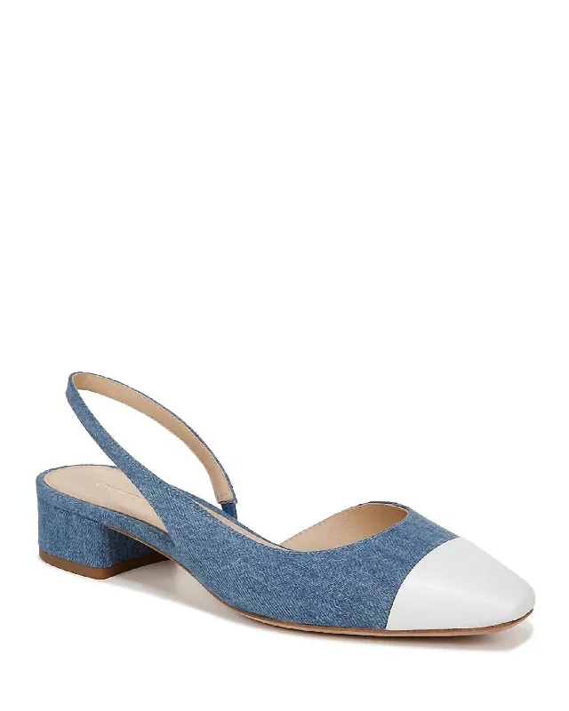 Women's Flat Slide Sandals with a Memory Foam Insole in White for All - Day ComfortCecile Denim Cap-Toe Slingback Sandals In Denim Coconut