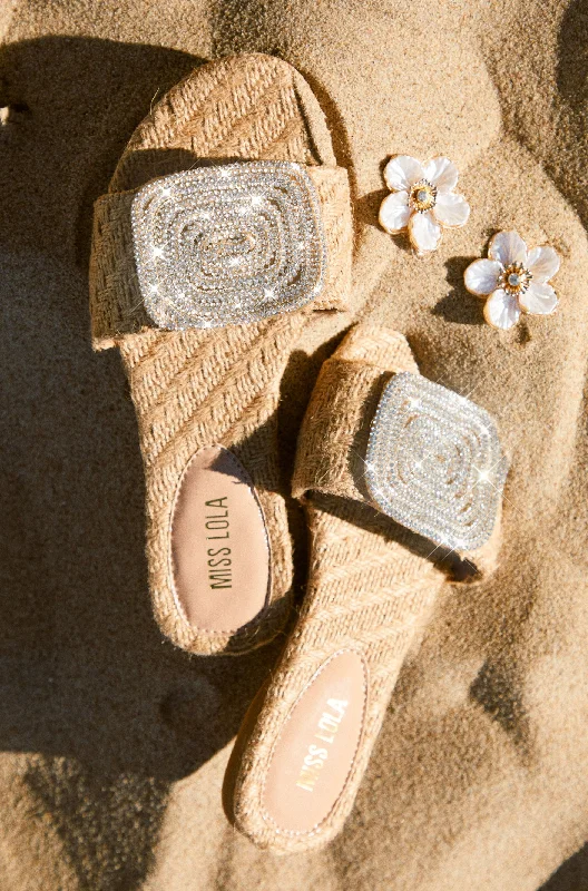 Women's Sandals with a Glitter - Coated Strap in Gold for a Sparkly Summer OutfitBeach Cocktail Embellished Slip On Sandals - Natural