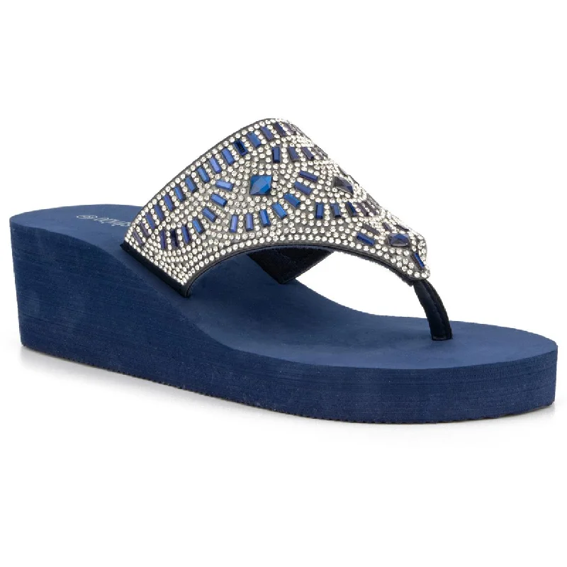 Women's Cork - Soled Espadrille Sandals with a Rope - Trimmed Upper in Navy for a Summer VibeOlivia Miller Womens Ipanema Rhinestone Toe-Post Wedge Sandals