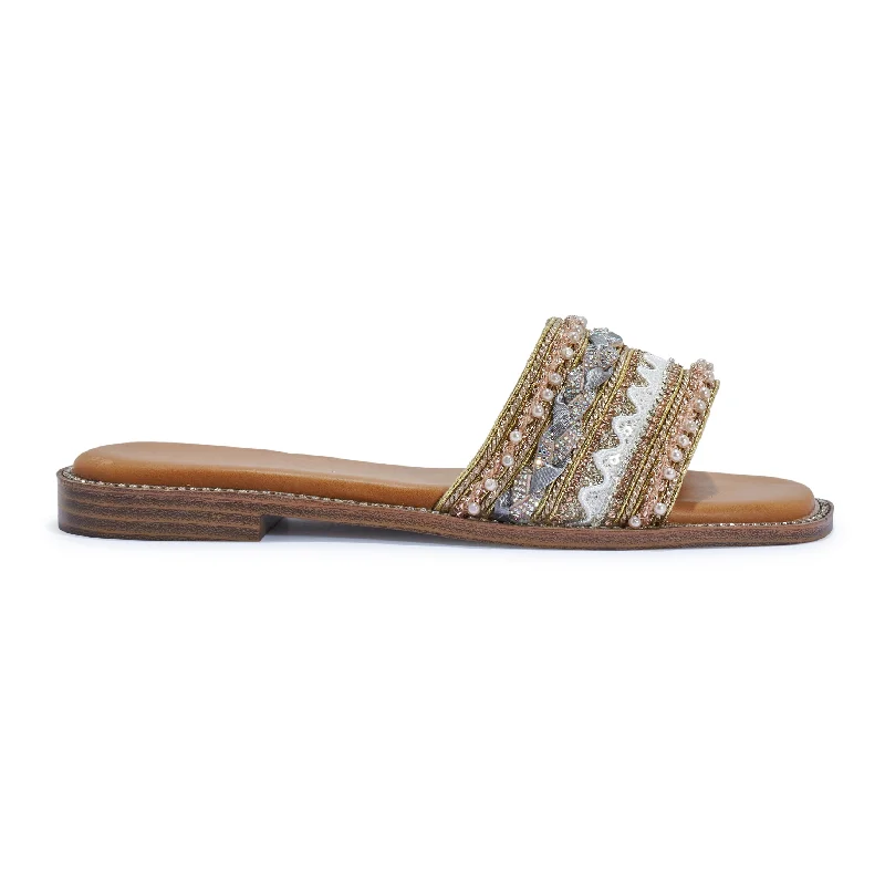 Women's Sandals with a Glitter - Coated Strap in Gold for a Sparkly Summer OutfitSHEBANA NUDE EMBELLISHED SLIDERS