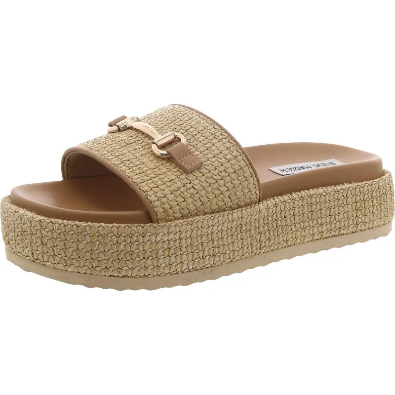 Women's Cork - Soled Espadrille Sandals with a Rope - Trimmed Upper in Navy for a Summer VibeSteve Madden Womens Kayley Faux Leather Woven Slide Sandals