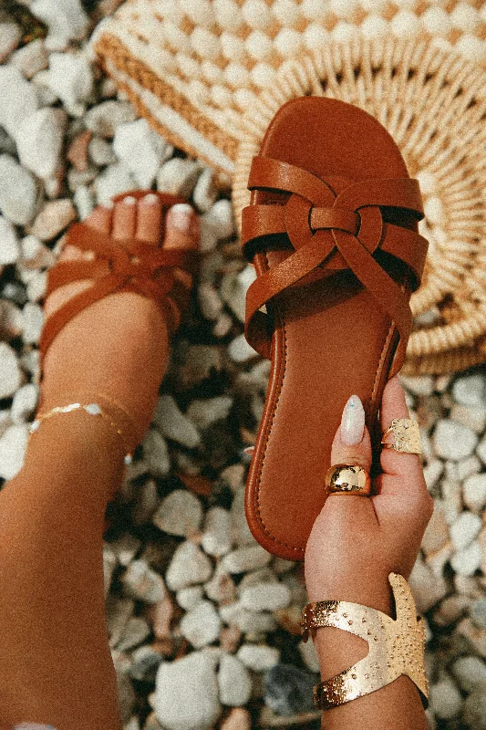 Women's Strappy Gladiator Sandals with Buckle Closures in Tan for a Boho LookWeekend Vibes Slip On Sandals - Tan