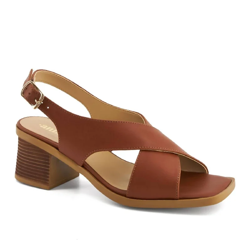 Women's Leather - Strapped Sandals with a Braided Detail in Brown for a Rustic AppealWomen's Medium Heel Crossed Strap Sandal In Brown